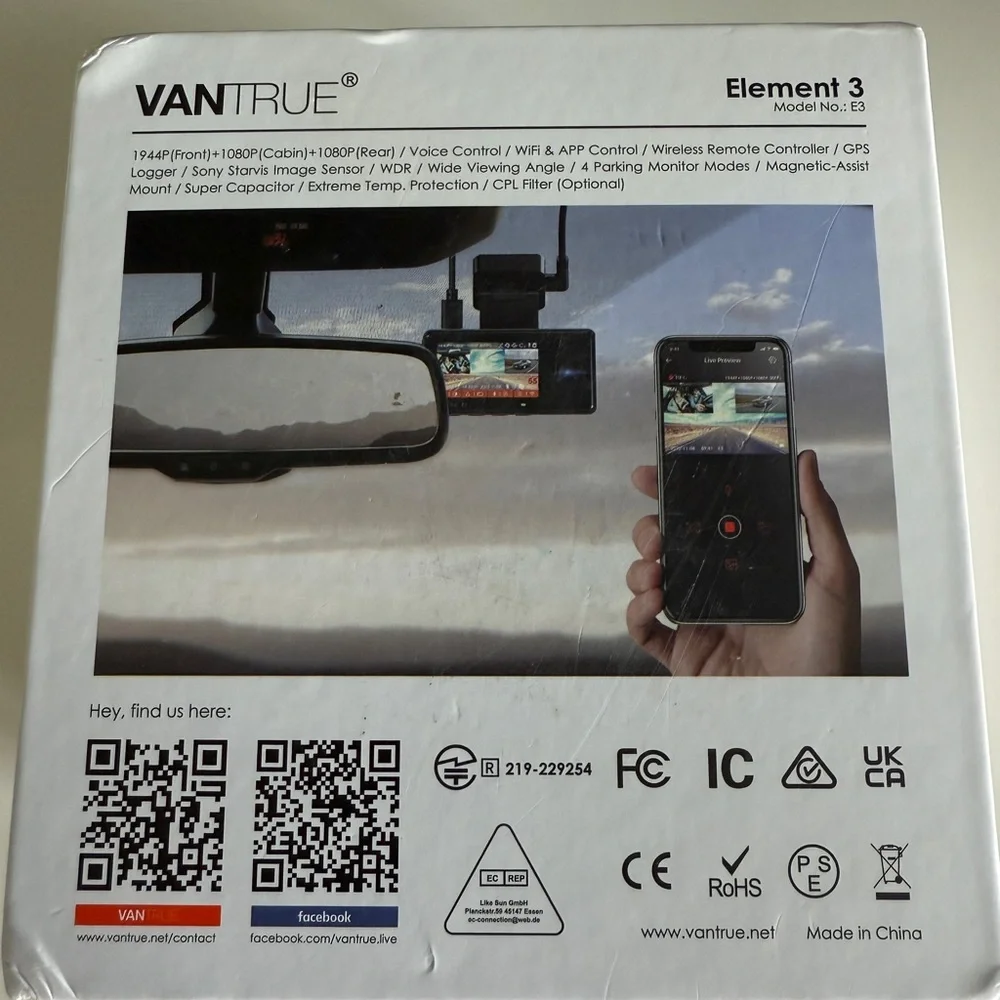 Vantrue E3 3 Channel WiFi Dash Cam Front, Rear, and Inside